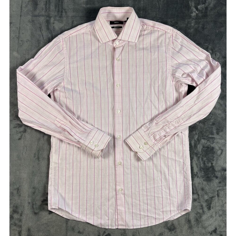 HUGO BOSS Regular Fit Casual Dress Shirt Pink Striped Men's Size 15 32/33